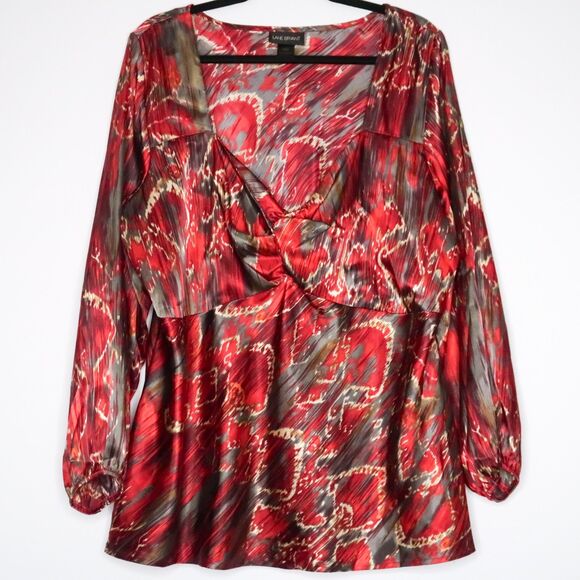 Lane Bryant Womens Blouse Plus Size 22/24‎ Red Gray Satin Peplum Top Feminine - Picture 1 of 6